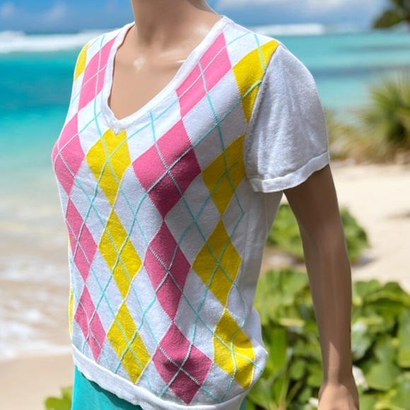 Liz Claiborne Argyle Short Sleeve Pullover V-Neck Sweater - Picture 11 of 16